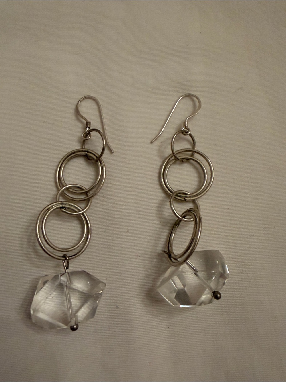 Handmade Silver Hoop Link Drop Earrings with Clear Crystal Stone